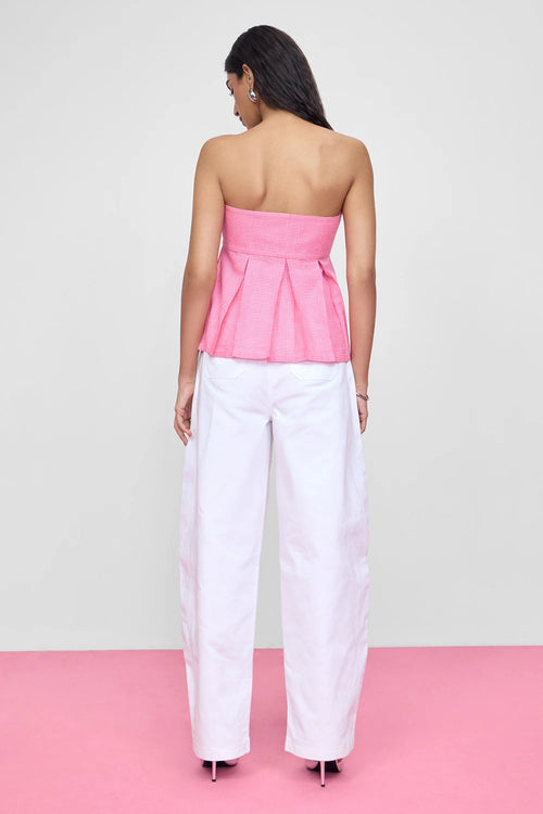 Pink Box Pleat Top With Barrel Jeans