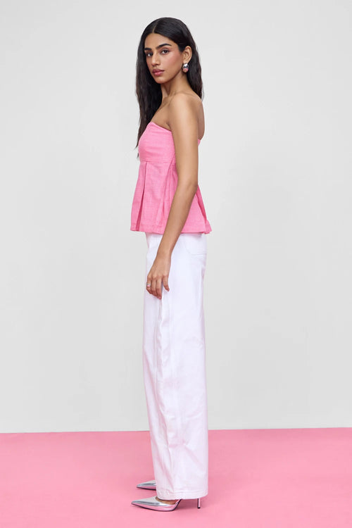 Pink Box Pleat Top With Barrel Jeans
