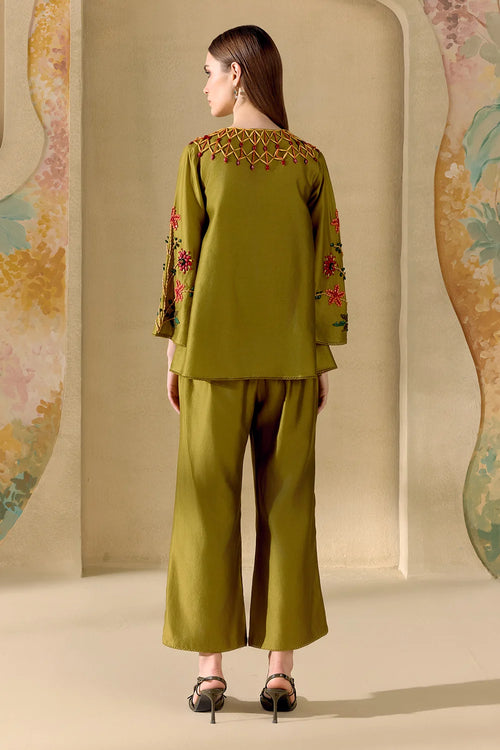 Olive Mosaic Beadwork Shirt And Pants Set