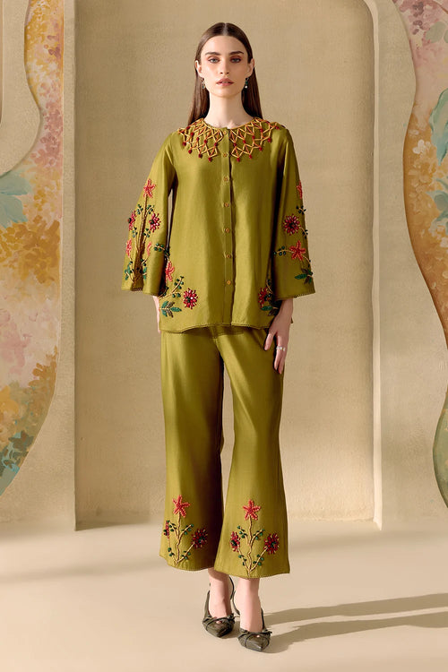 Olive Mosaic Beadwork Shirt And Pants Set