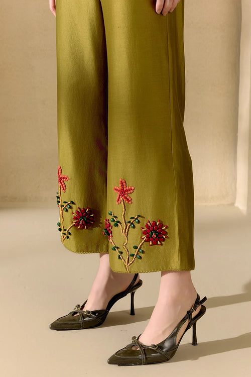 Olive Mosaic Beadwork Shirt And Pants Set
