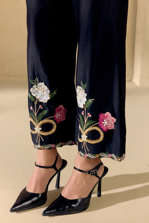 Black Floral Bloom Kaftan Shirt And Pants Set