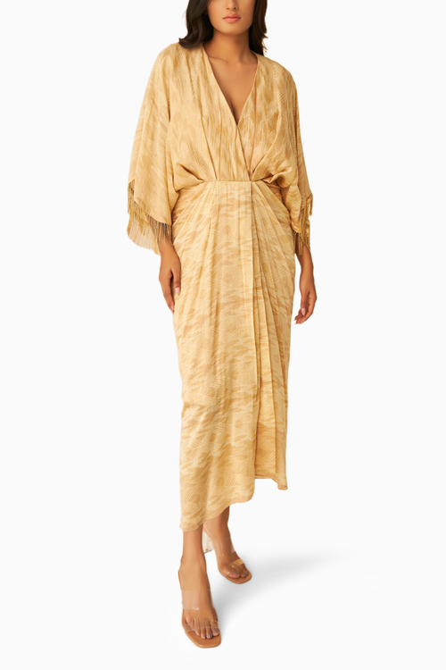 Beige Golden Shibori Beige Drape Dress