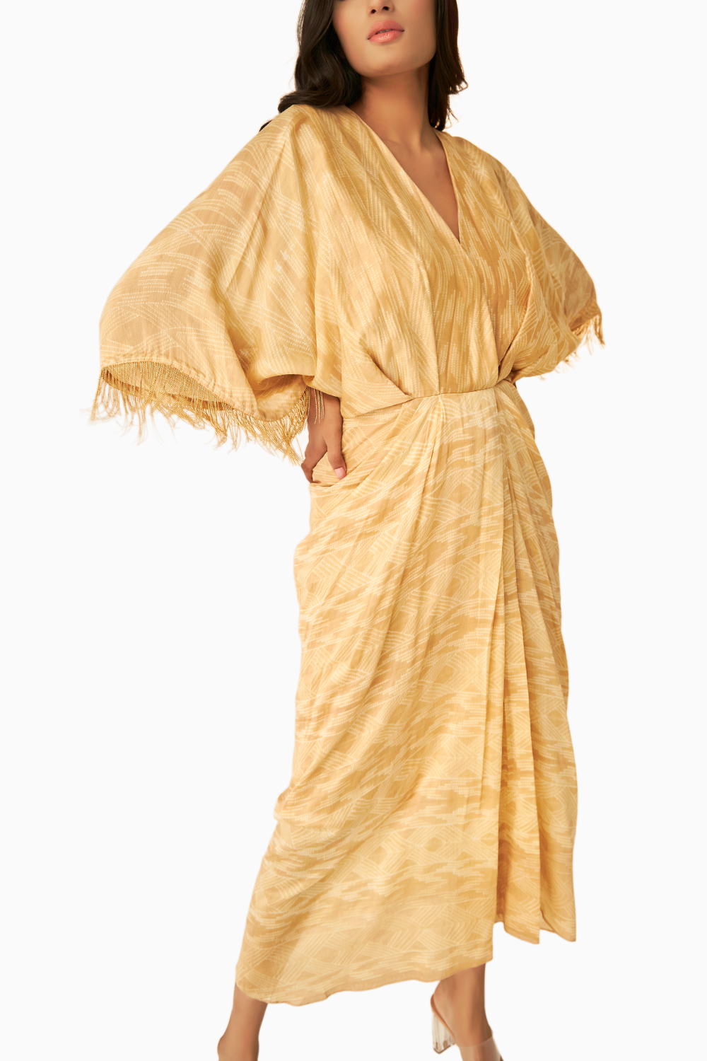 Beige Golden Shibori Beige Drape Dress