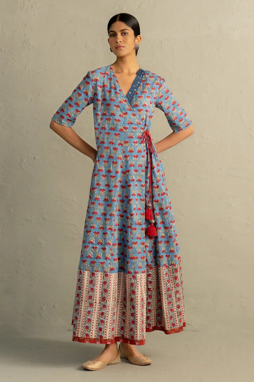 Blue Hand Block Wrap Around Dress