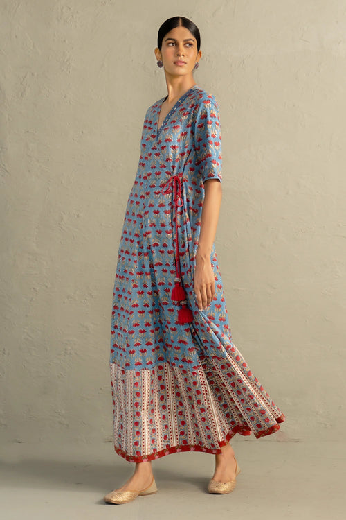 Blue Hand Block Wrap Around Dress