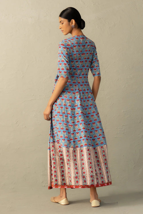 Blue Hand Block Wrap Around Dress