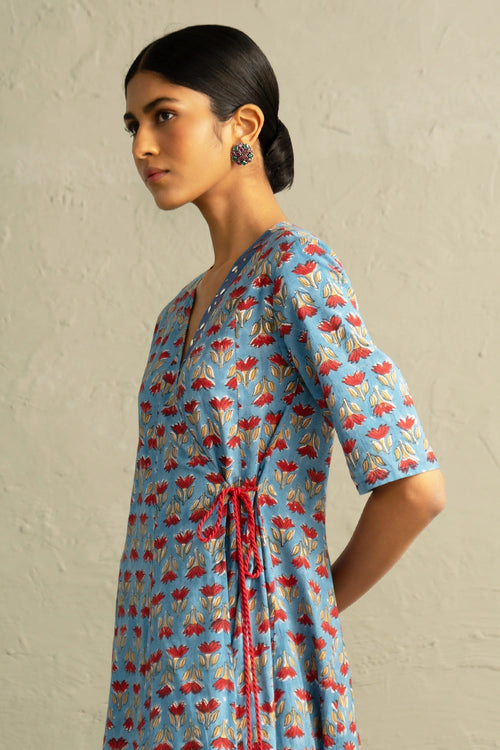 Blue Hand Block Wrap Around Dress