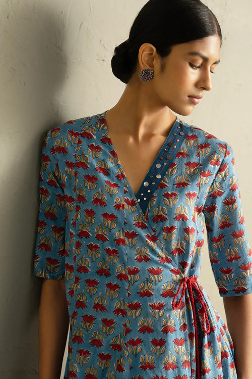 Blue Hand Block Wrap Around Dress