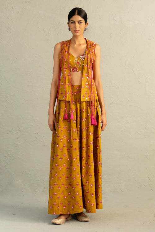 Mustard Phool Dori Coord Skirt Jacket Set
