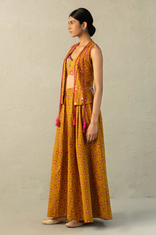 Mustard Phool Dori Coord Skirt Jacket Set