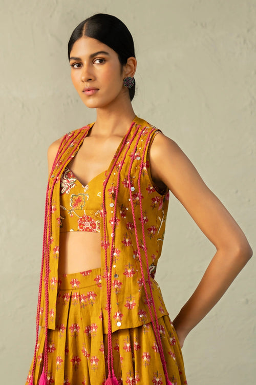 Mustard Phool Dori Coord Skirt Jacket Set