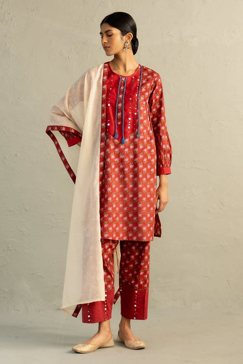 Red Phool Dori Short Kurta Salwar Set With Dupatta