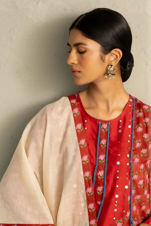 Red Phool Dori Short Kurta Salwar Set With Dupatta