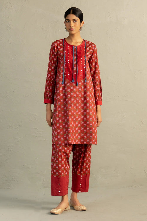 Red Phool Dori Short Kurta Salwar Set