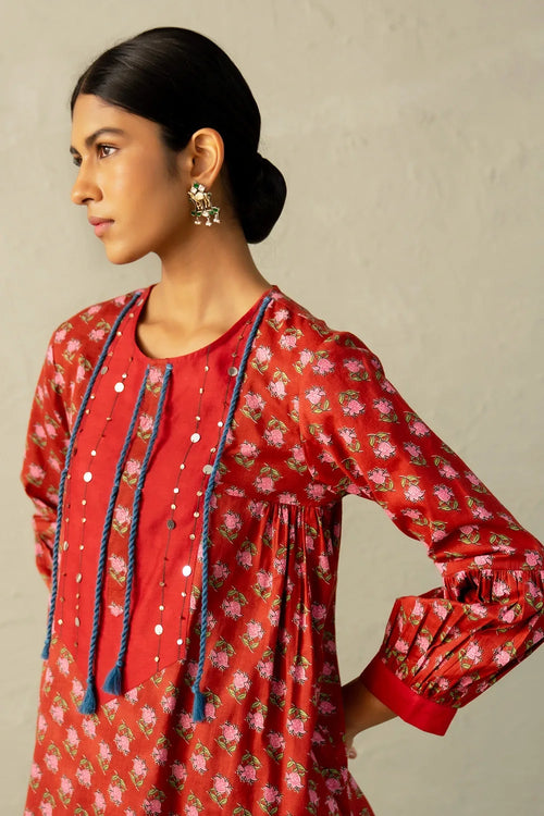 Red Phool Dori Short Kurta Salwar Set With Dupatta