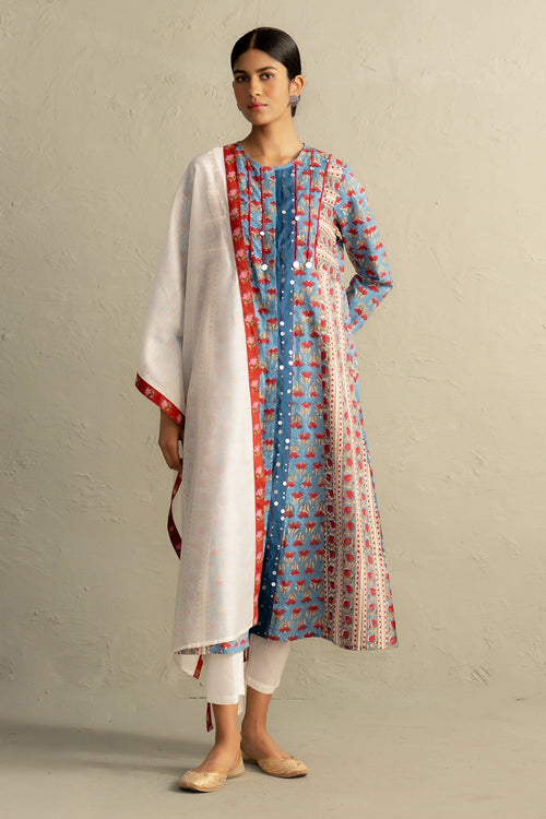 Blue Hand Block Placket Kurta Set With Dupatta
