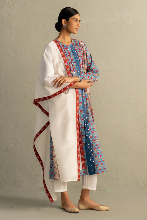 Blue Hand Block Placket Kurta Set With Dupatta
