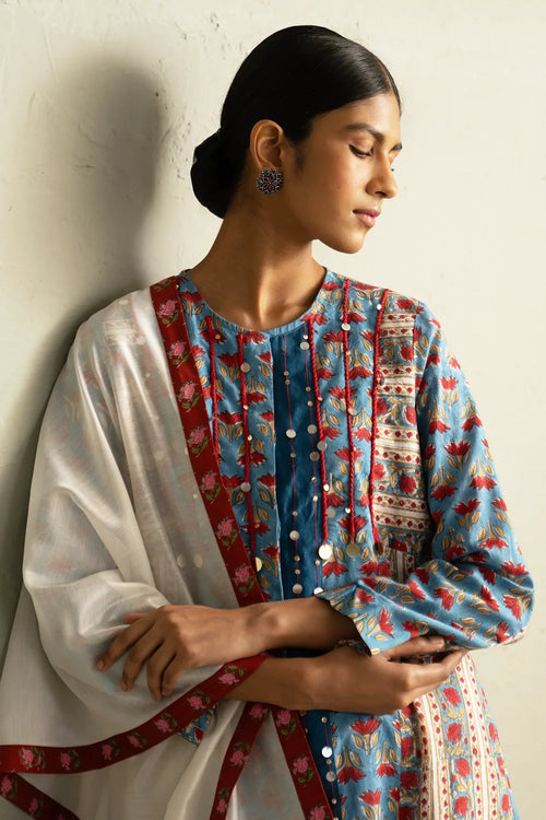 Blue Hand Block Placket Kurta Set With Dupatta