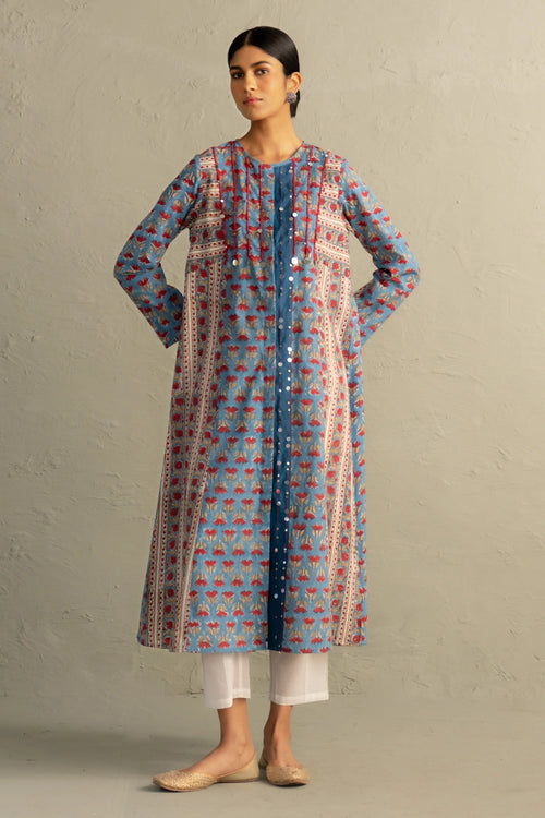 Blue Hand Block Placket Kurta Set