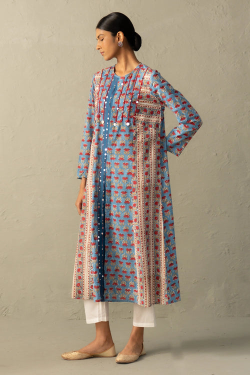 Blue Hand Block Placket Kurta Set