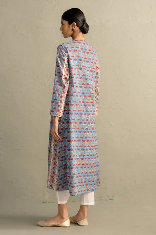 Blue Hand Block Placket Kurta Set With Dupatta