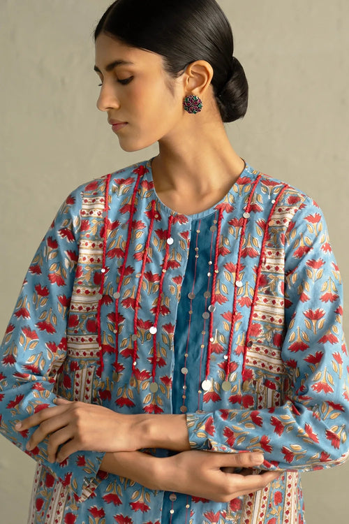 Blue Hand Block Placket Kurta Set