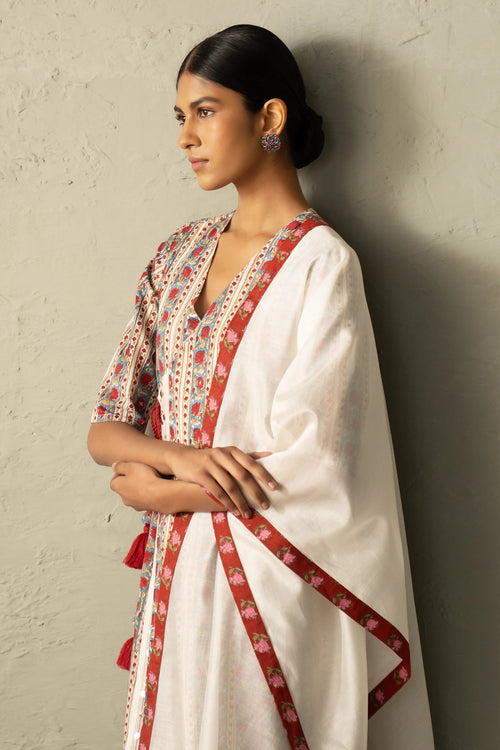 Cream Phool Dori Hand Block Angrakha Straight Kurta Set