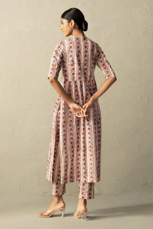 Cream Phool Dori Hand Block Angrakha Straight Kurta Set