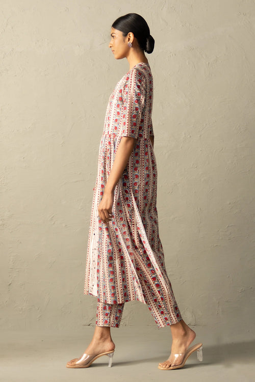 Cream Phool Dori Hand Block Angrakha Straight Kurta Set