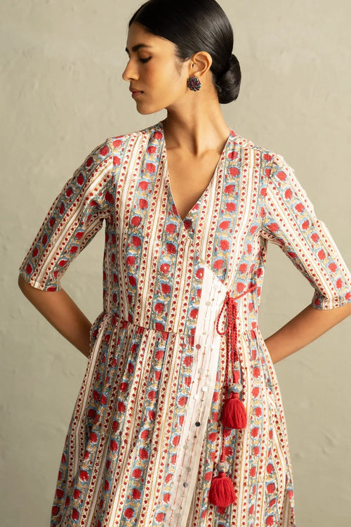 Cream Phool Dori Hand Block Angrakha Straight Kurta Set
