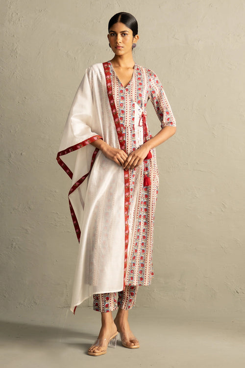 Cream Phool Dori Hand Block Angrakha Straight Kurta Set
