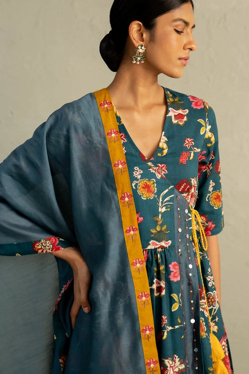 Teal Phool Dori Angrakha Straight Kurta Set