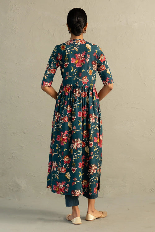 Teal Phool Dori Angrakha Straight Kurta Set