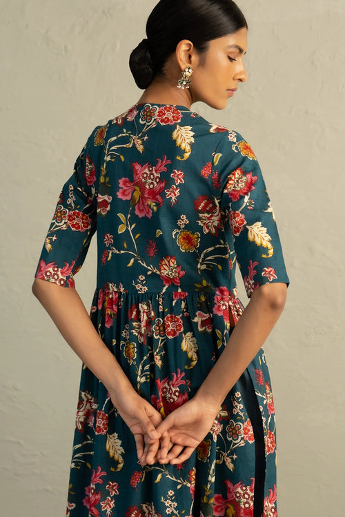 Teal Phool Dori Angrakha Straight Kurta Set