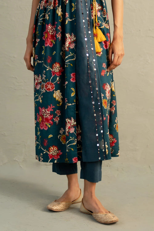 Teal Phool Dori Angrakha Straight Kurta Set