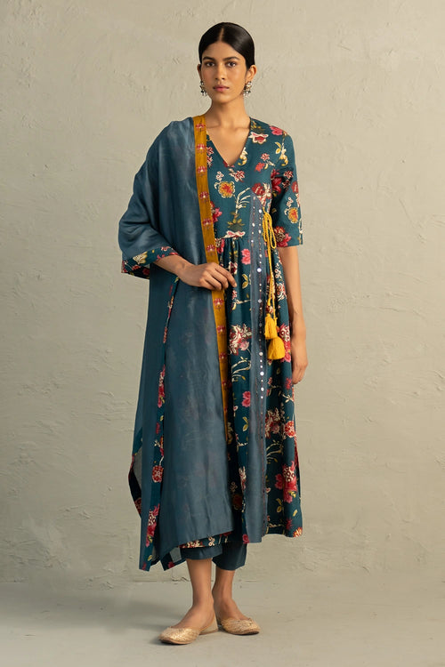 Teal Phool Dori Angrakha Straight Kurta Set