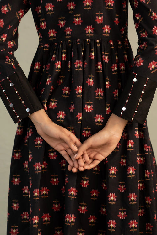 Black Phool Dori Anarkali Set