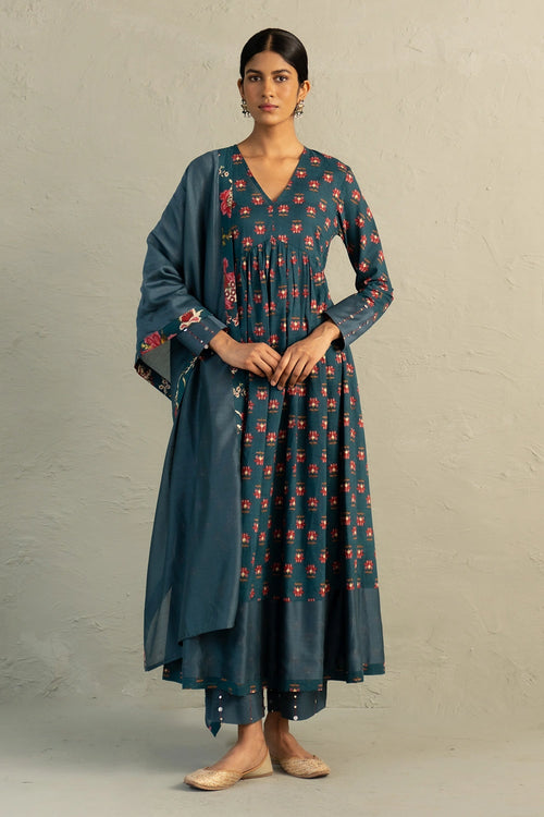 Teal Phool Dori Anarkali Set