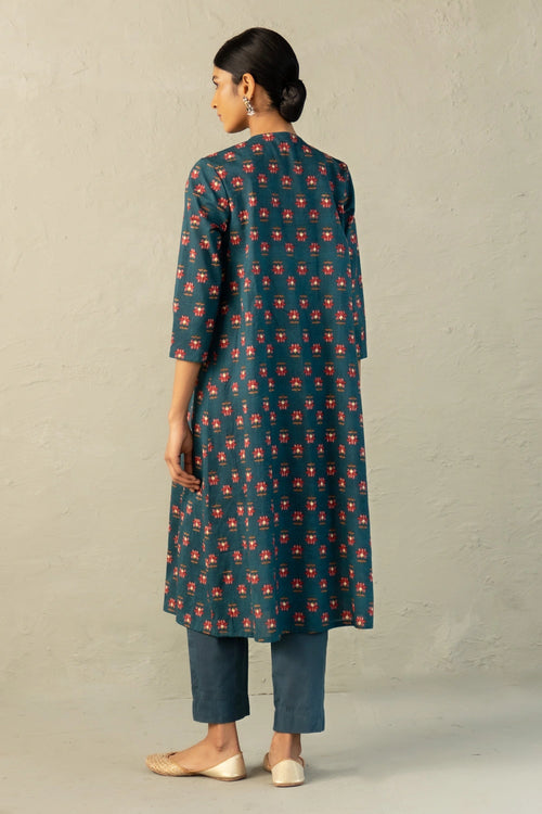 Teal Phool Dori Pintuck Kurta Set