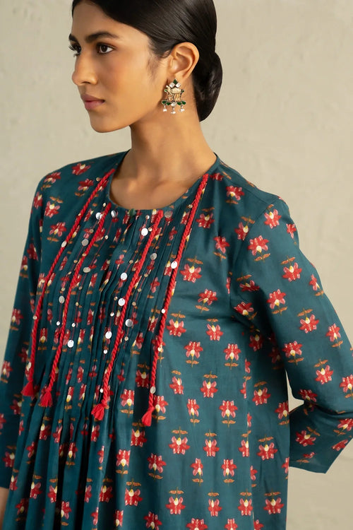 Teal Phool Dori Pintuck Kurta Set