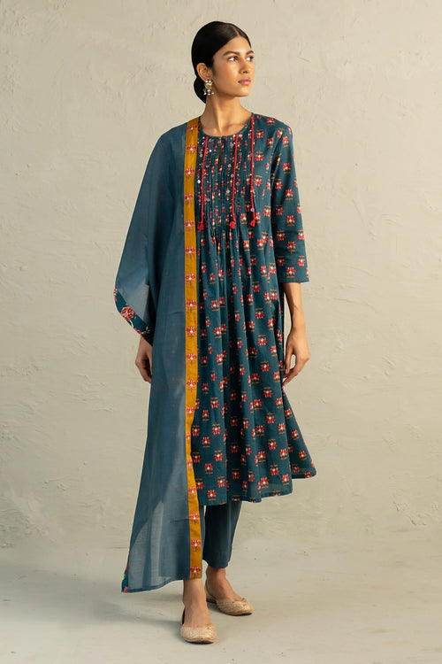 Teal Phool Dori Pintuck Kurta Set