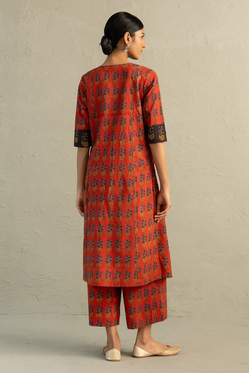 Red Phool Dori Hand Block Kurta Set