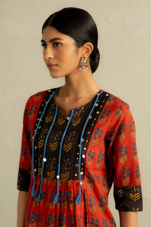Red Phool Dori Hand Block Kurta Set