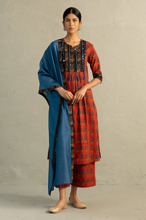 Red Phool Dori Hand Block Kurta Set