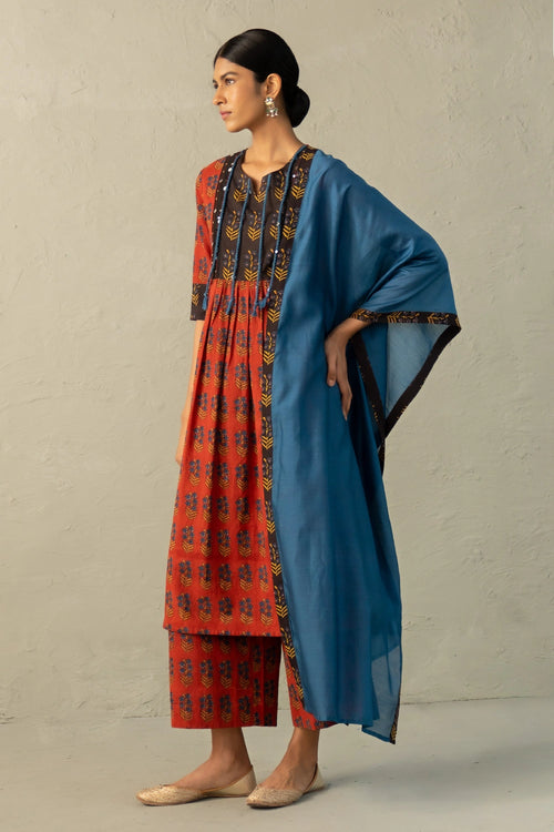 Red Phool Dori Hand Block Kurta Set