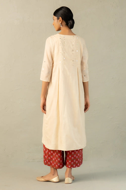 Beige Phool Dori Pleated Kurta Set
