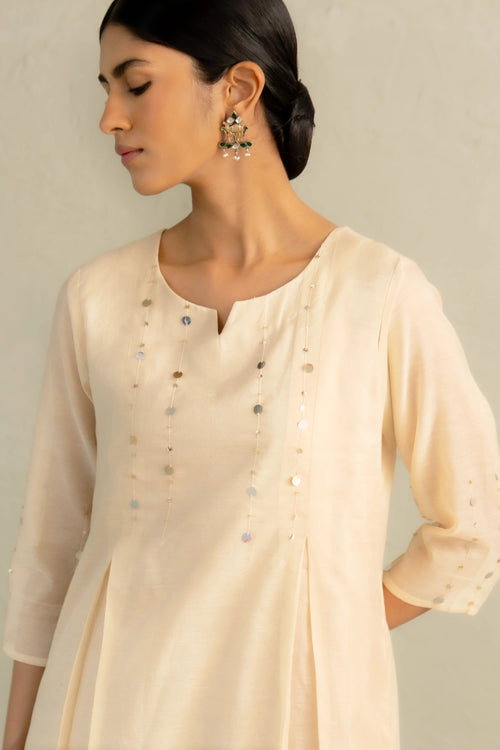 Beige Phool Dori Pleated Kurta Set