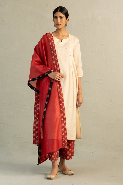 Beige Phool Dori Pleated Kurta Set