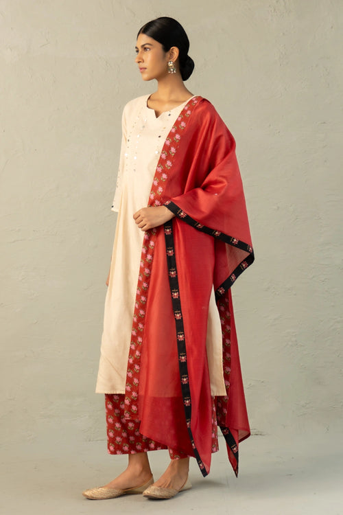 Beige Phool Dori Pleated Kurta Set
